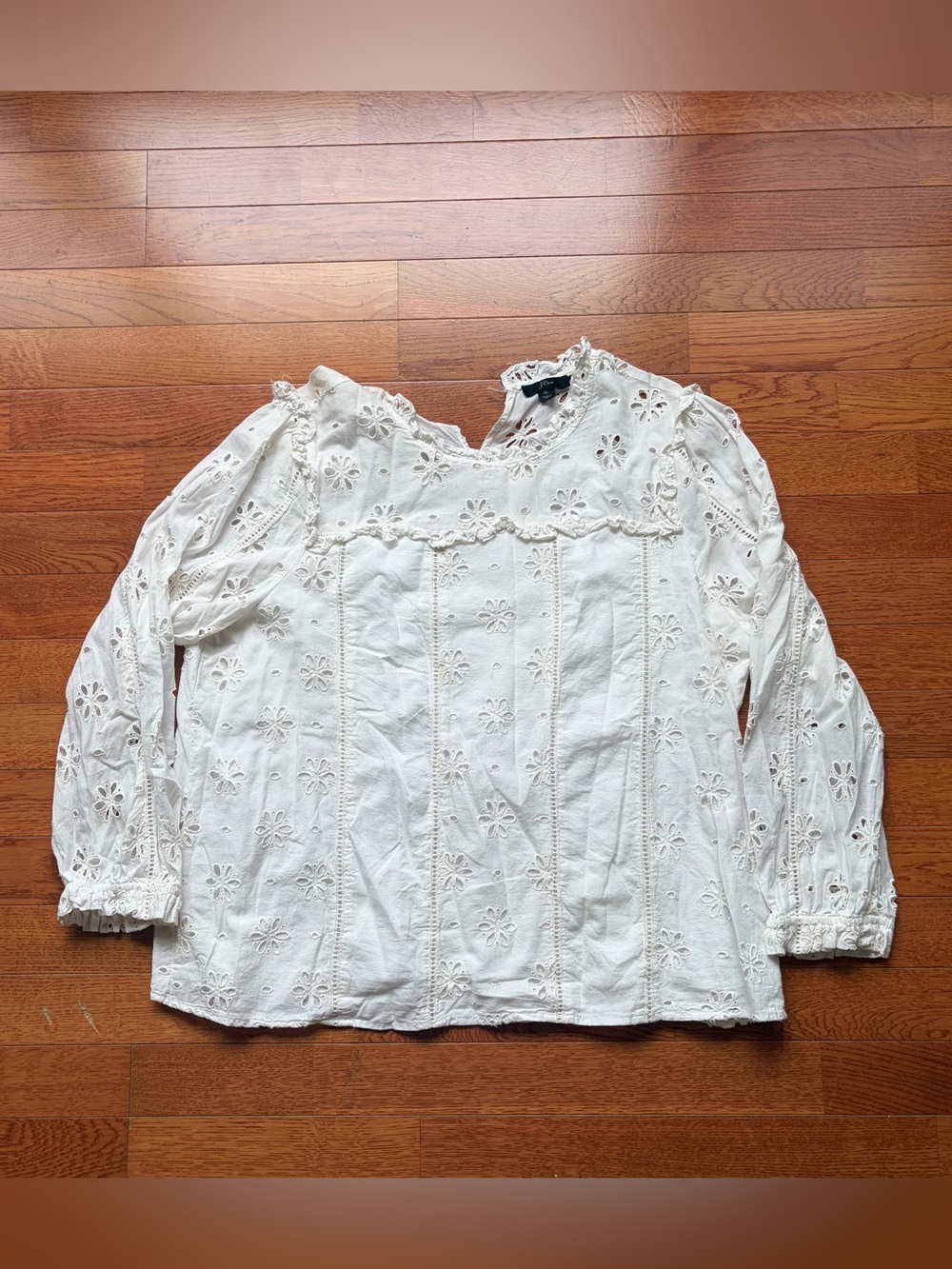 J Crew Blouse Eyelet Floral Ruffle Neck Long Sleeve Top